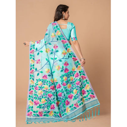 Generic Women's Cotton Printed Saree With Unstitched Blouse (Sky Blue, 5-6 Mtrs)