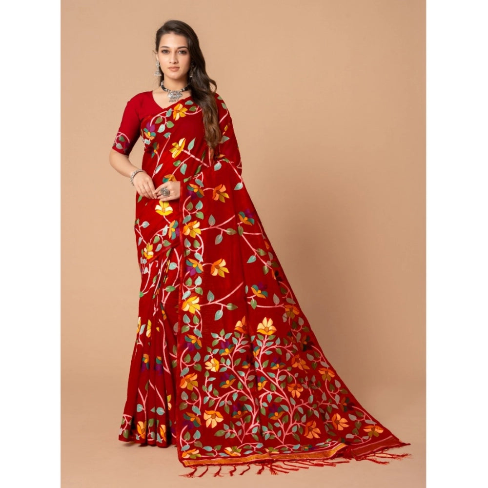 Generic Women's Cotton Printed Saree With Unstitched Blouse (Red, 5-6 Mtrs)