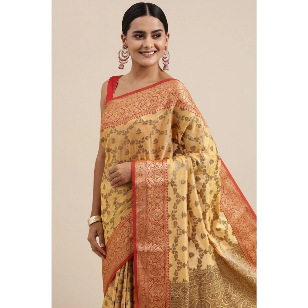 Generic Women's Chanderi Cotton Printed Saree With Unstitched Blouse (Yellow, 5-6 Mtrs)