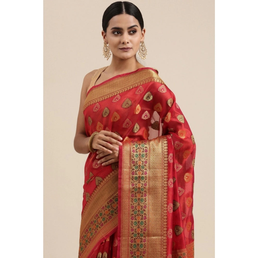 Generic Women's Organza Printed Saree With Unstitched Blouse (Red, 5-6 Mtrs)