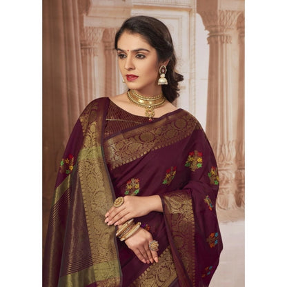 Generic Women's Chanderi Cotton Printed Saree With Unstitched Blouse (Maroon, 5-6 Mtrs)