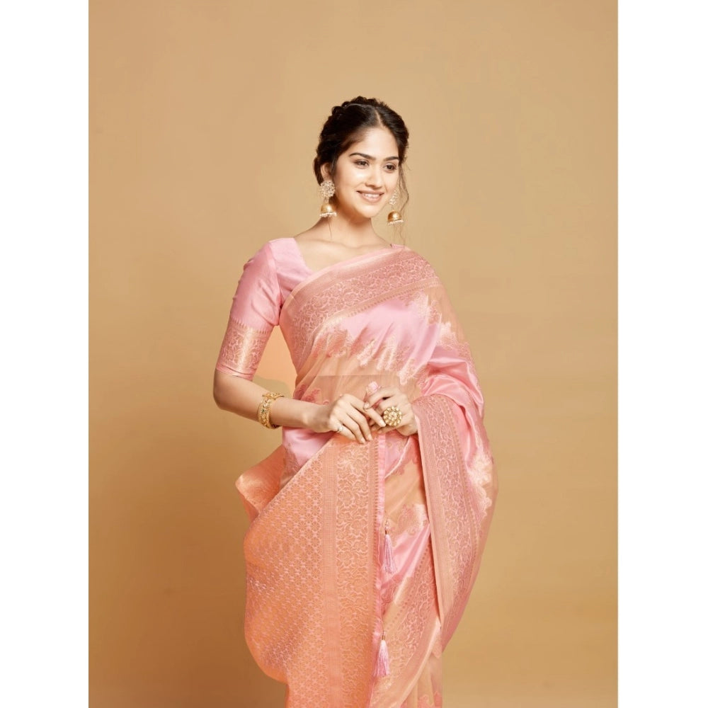 Generic Women's Linen Printed Saree With Unstitched Blouse (Pink, 5-6 Mtrs)