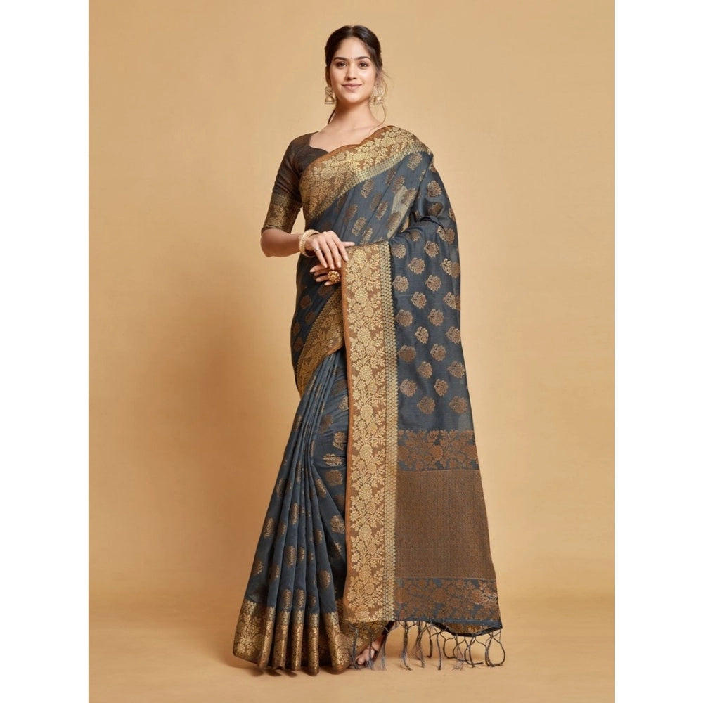 Generic Women's Chanderi Cotton Printed Saree With Unstitched Blouse (Grey, 5-6 Mtrs)