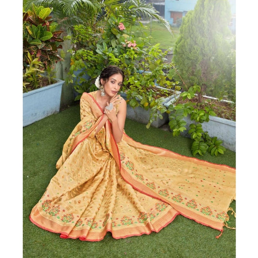 Generic Women's Organza Printed Saree With Unstitched Blouse (Beige, 5-6 Mtrs)