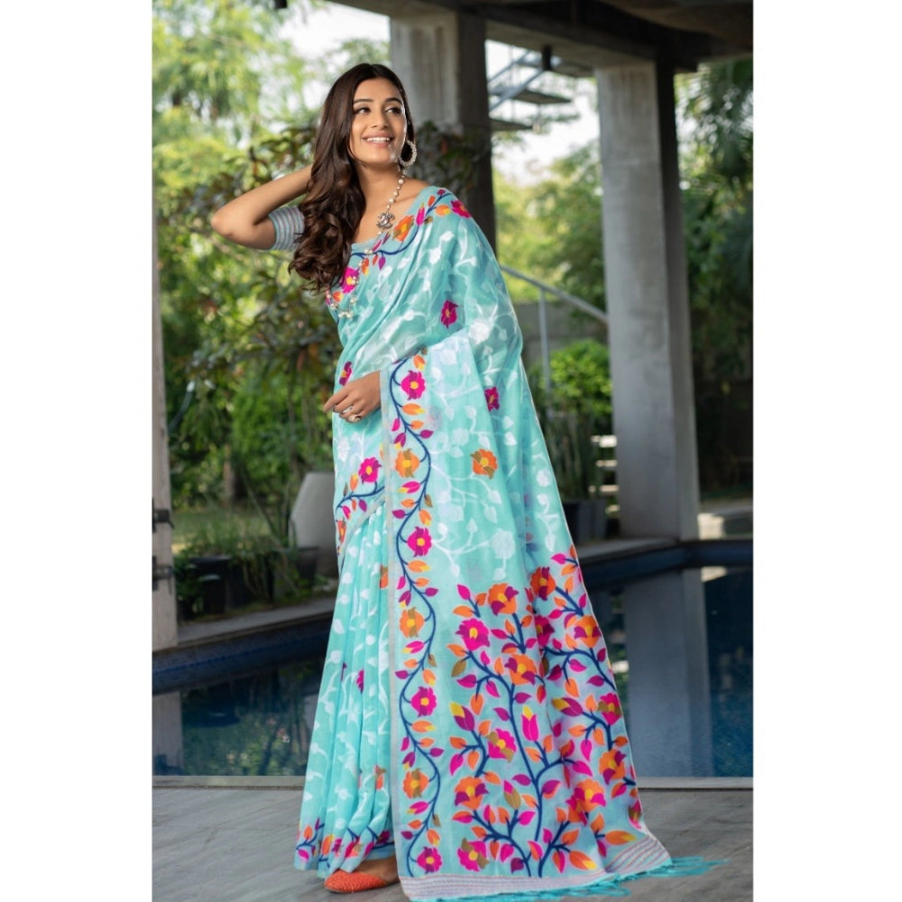 Generic Women's Cotton Printed Saree With Unstitched Blouse (Sky Blue, 5-6 Mtrs)