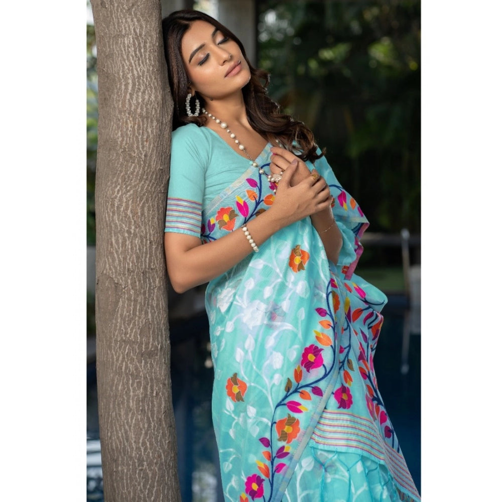 Generic Women's Cotton Printed Saree With Unstitched Blouse (Sky Blue, 5-6 Mtrs)