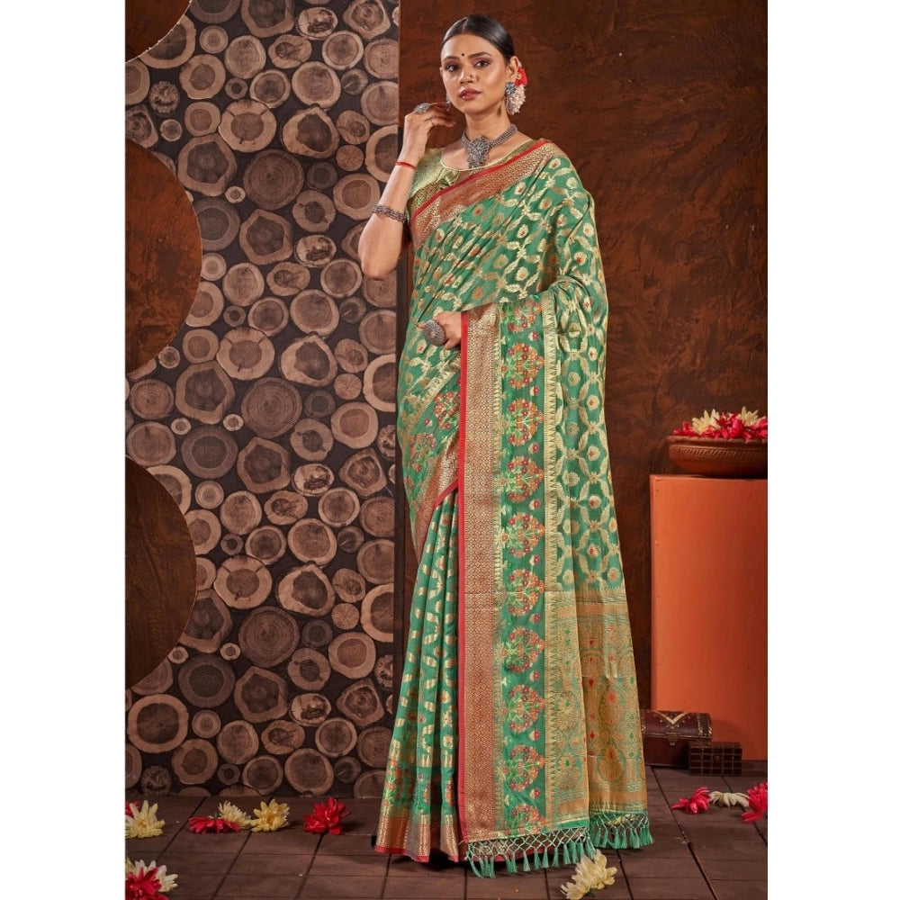 Generic Women's Organza Printed Saree With Unstitched Blouse (Sea Green, 5-6 Mtrs)