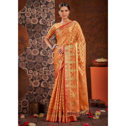 Generic Women's Organza Printed Saree With Unstitched Blouse (Orange, 5-6 Mtrs)