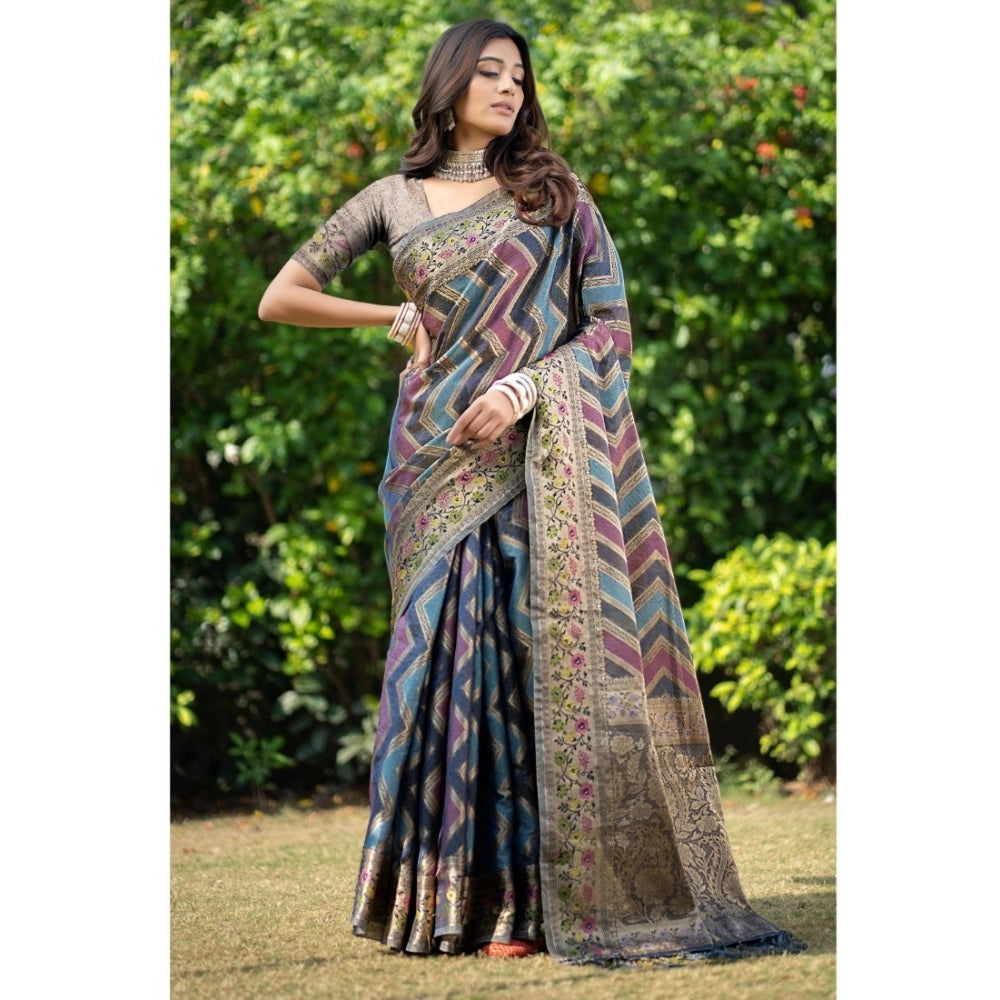 Generic Women's Organza Printed Saree With Unstitched Blouse (Teal, 5-6 Mtrs)