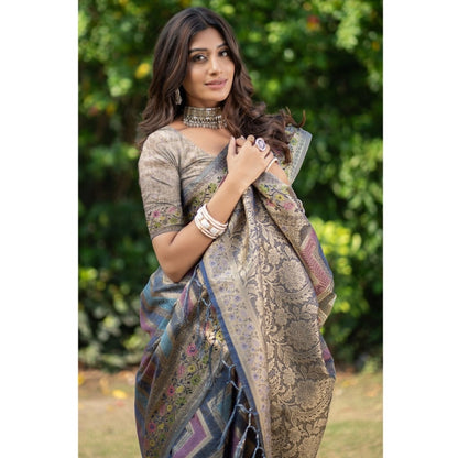 Generic Women's Organza Printed Saree With Unstitched Blouse (Teal, 5-6 Mtrs)