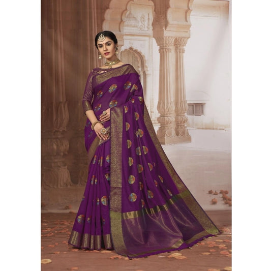 Generic Women's Chanderi Cotton Printed Saree With Unstitched Blouse (Purple, 5-6 Mtrs)