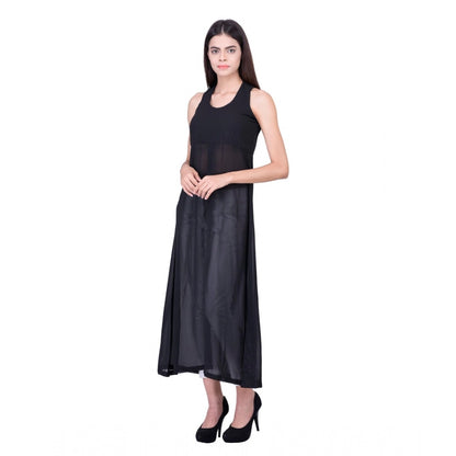 Generic Women's Cotton Blend Solid Sleeveless Dress (Black)