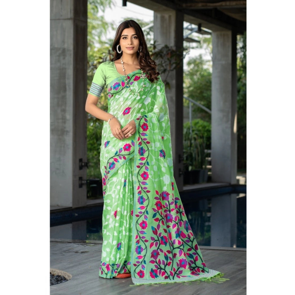 Generic Women's Cotton Printed Saree With Unstitched Blouse (Green, 5-6 Mtrs)