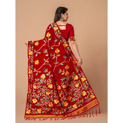 Generic Women's Cotton Printed Saree With Unstitched Blouse (Red, 5-6 Mtrs)