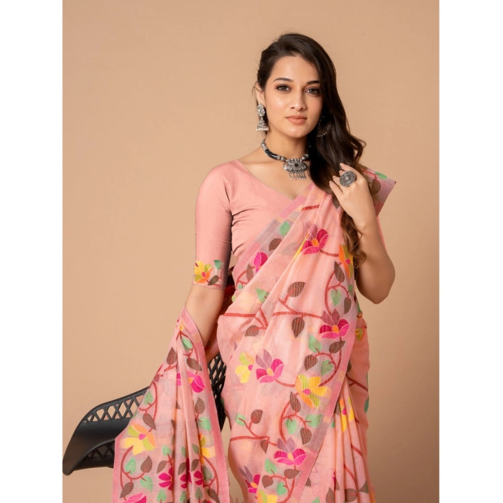 Generic Women's Cotton Printed Saree With Unstitched Blouse (Pink, 5-6 Mtrs)