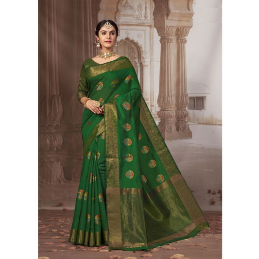 Generic Women's Linen Printed Saree With Unstitched Blouse (Dark Green, 5-6 Mtrs)