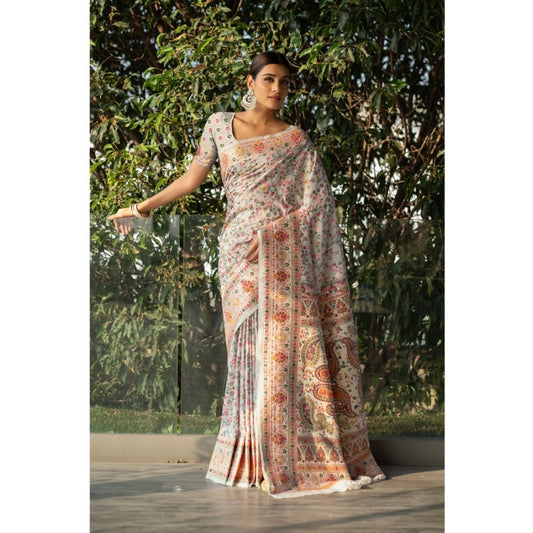 Generic Women's Linen Printed Saree With Unstitched Blouse (Off-White, 5-6 Mtrs)