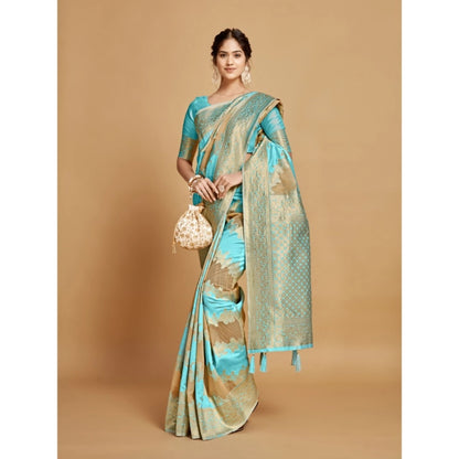 Generic Women's Linen Printed Saree With Unstitched Blouse (Sky Blue, 5-6 Mtrs)