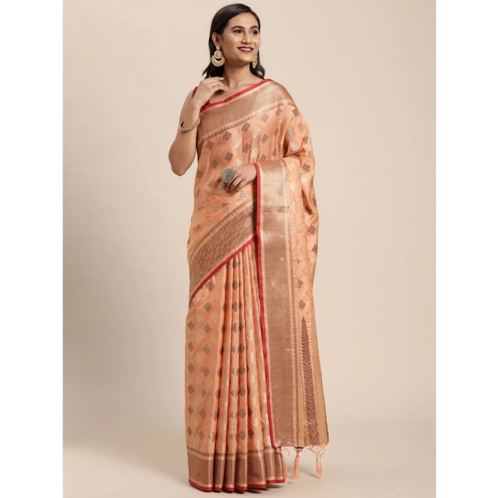 Generic Women's Chanderi Cotton Printed Saree With Unstitched Blouse (Orange, 5-6 Mtrs)