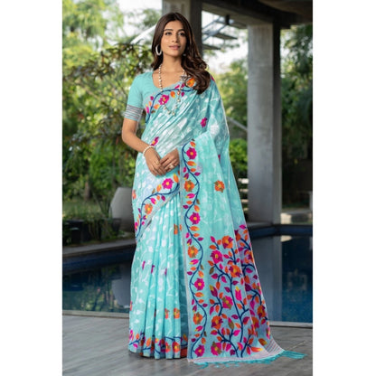 Generic Women's Cotton Printed Saree With Unstitched Blouse (Sky Blue, 5-6 Mtrs)