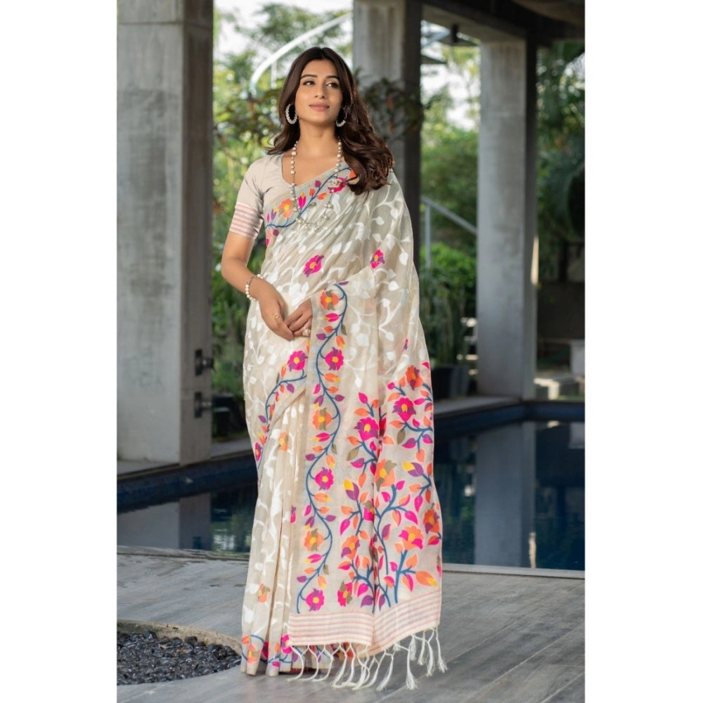 Generic Women's Cotton Printed Saree With Unstitched Blouse (Off-White, 5-6 Mtrs)