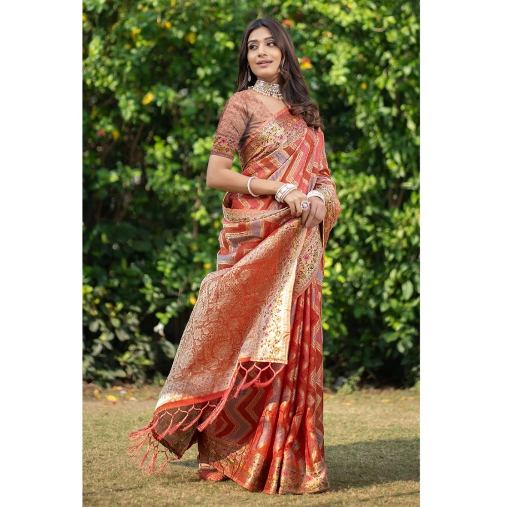 Generic Women's Organza Printed Saree With Unstitched Blouse (Orange, 5-6 Mtrs)