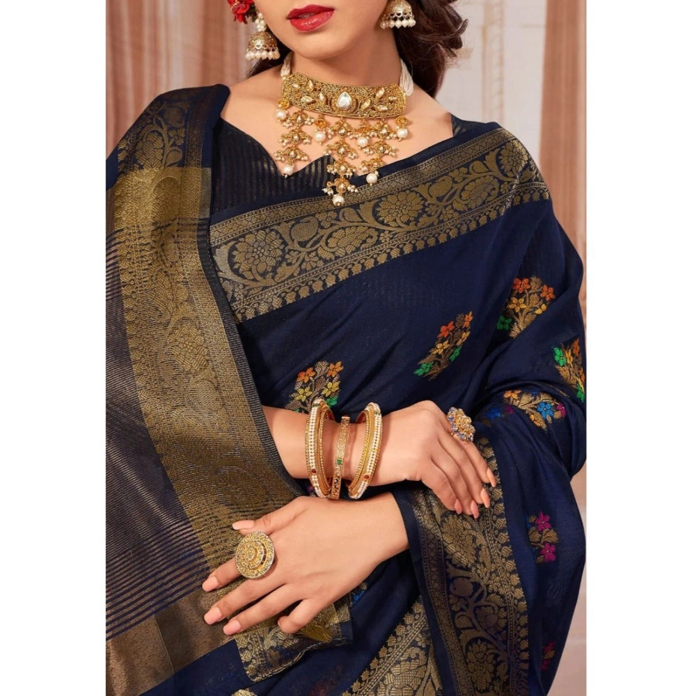 Generic Women's Chanderi Cotton Printed Saree With Unstitched Blouse (Navy Blue, 5-6 Mtrs)