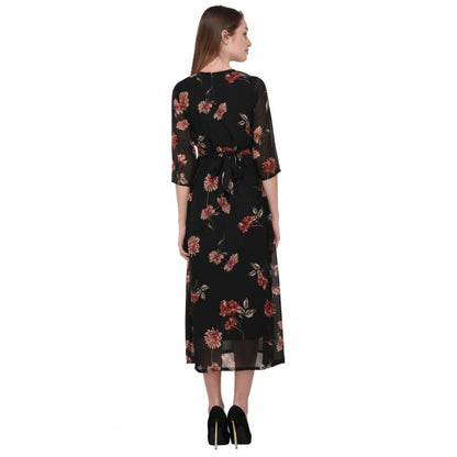 Generic Women's Cotton Blend Floral 3-4 Sleeve Dress (Black)