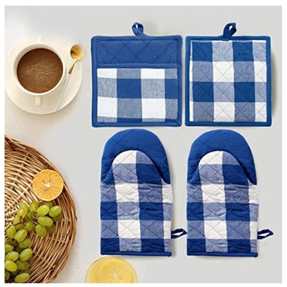 Generic Checked Cotton Oven Mitten and Pot Holder Sets (Blue)