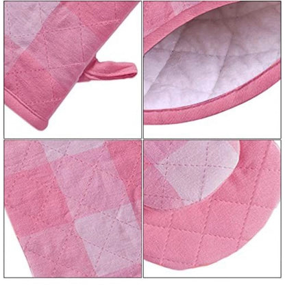 Generic Checked Cotton Oven Mitten and Pot Holder Sets (Pink)