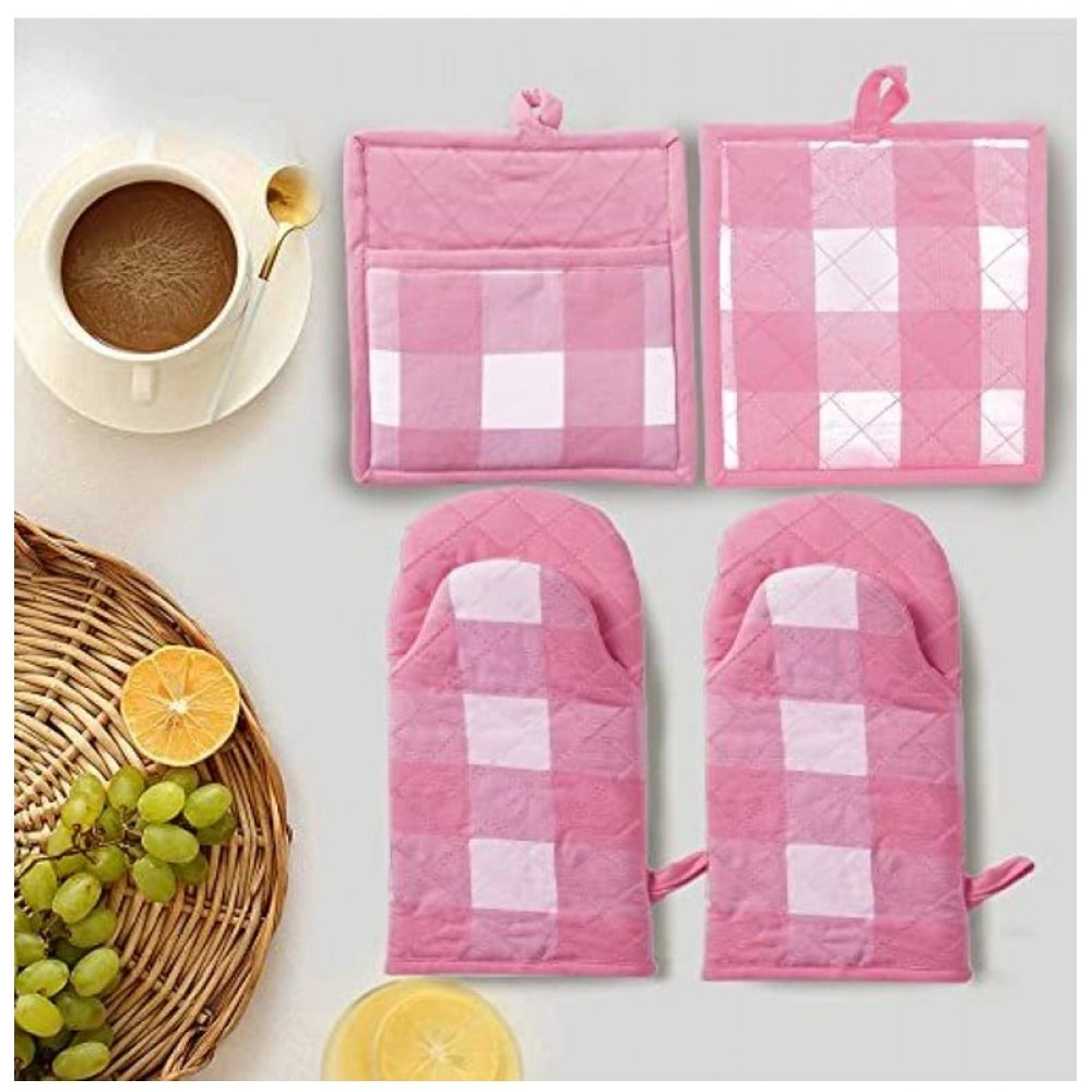 Generic Checked Cotton Oven Mitten and Pot Holder Sets (Pink)