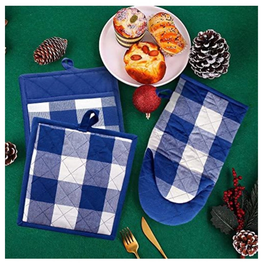 Generic Checked Cotton Oven Mitten and Pot Holder Sets (Blue)