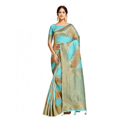 Generic Women's Linen Printed Saree With Unstitched Blouse (Sky Blue, 5-6 Mtrs)