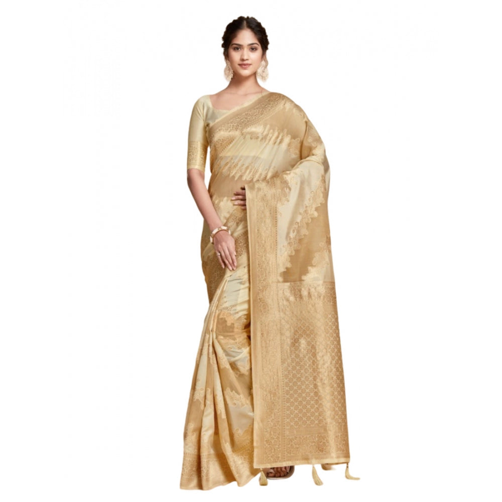 Generic Women's Linen Printed Saree With Unstitched Blouse (Beige, 5-6 Mtrs)