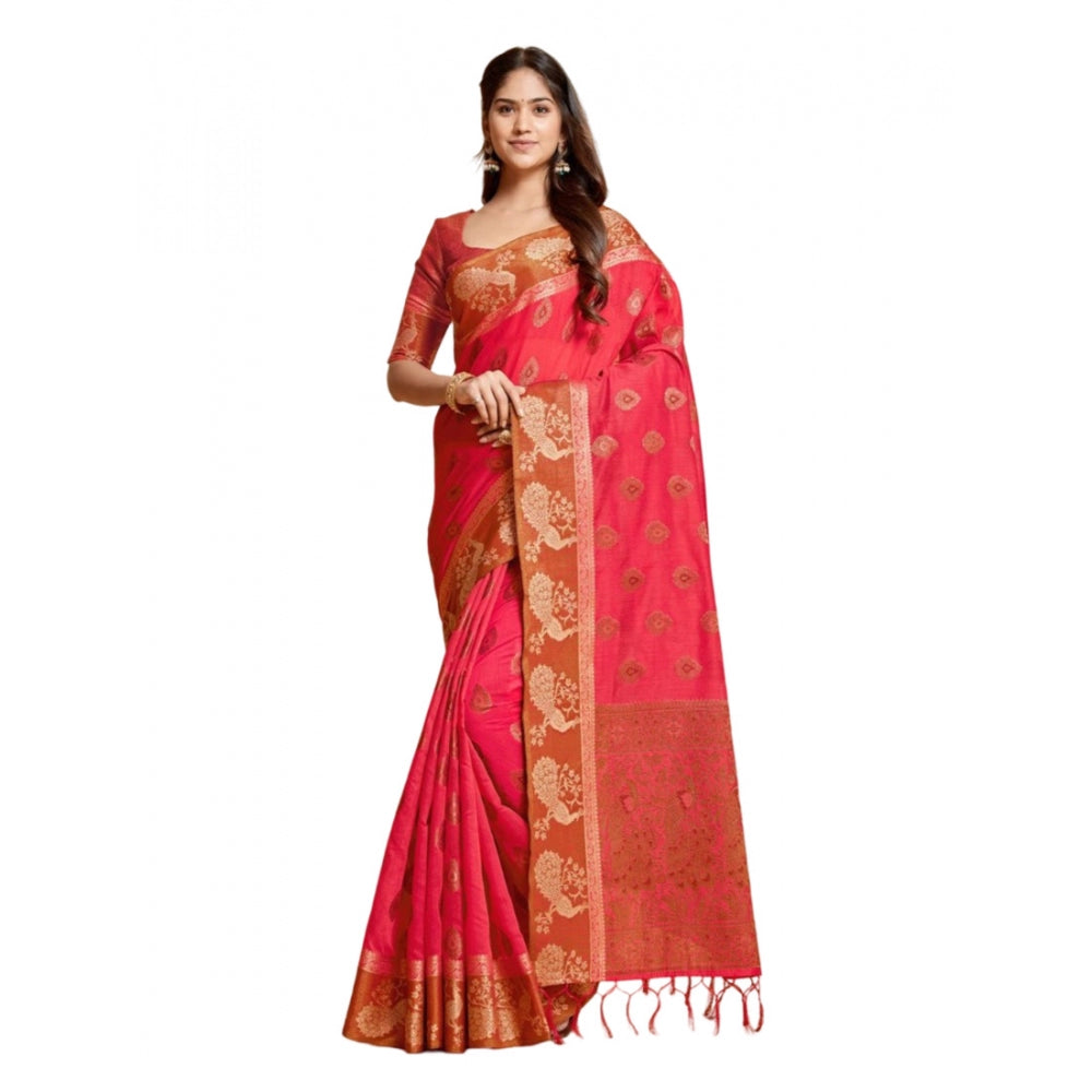 Generic Women's Organza Printed Saree With Unstitched Blouse (Pink, 5-6 Mtrs)