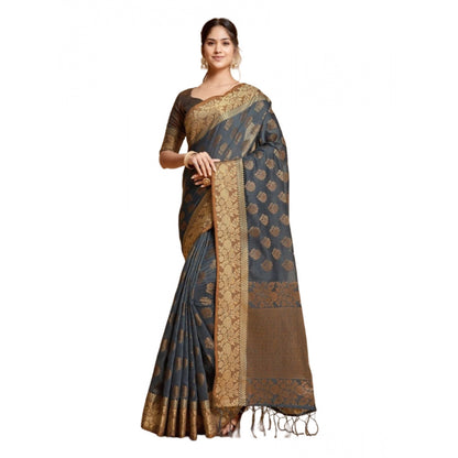 Generic Women's Chanderi Cotton Printed Saree With Unstitched Blouse (Grey, 5-6 Mtrs)