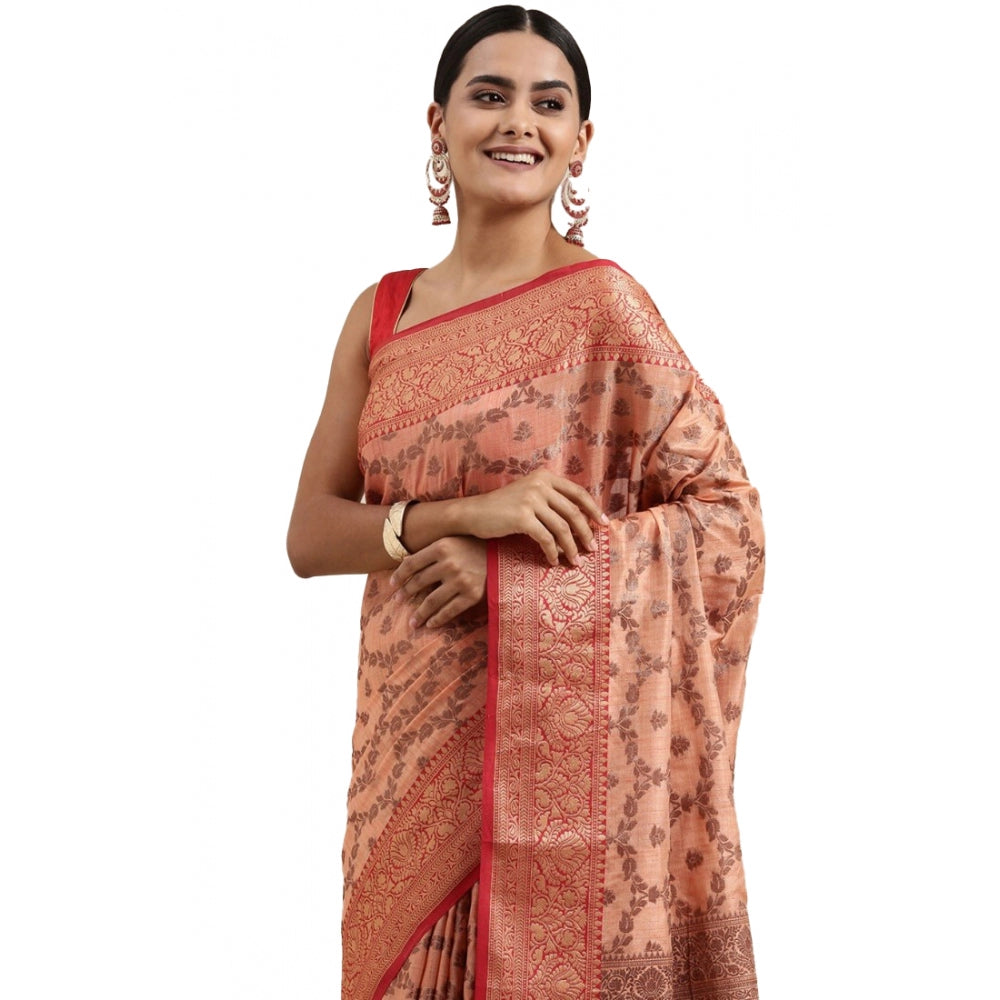 Generic Women's Chanderi Cotton Printed Saree With Unstitched Blouse (Peach, 5-6 Mtrs)