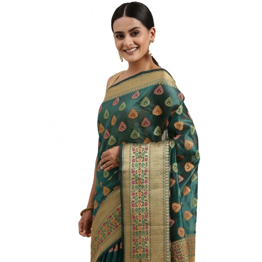 Generic Women's Organza Printed Saree With Unstitched Blouse (Sea Green, 5-6 Mtrs)