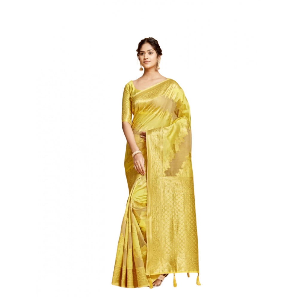 Generic Women's Linen Printed Saree With Unstitched Blouse (Yellow, 5-6 Mtrs)