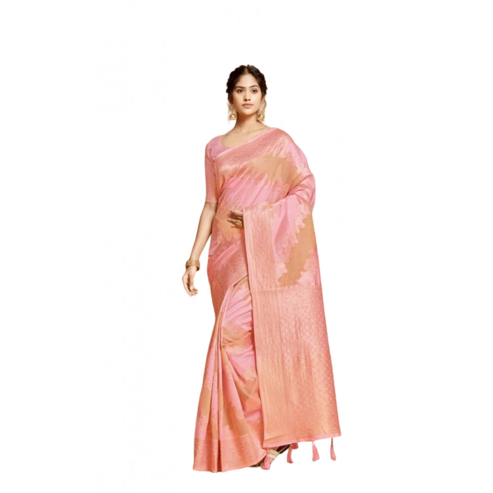 Generic Women's Linen Printed Saree With Unstitched Blouse (Pink, 5-6 Mtrs)