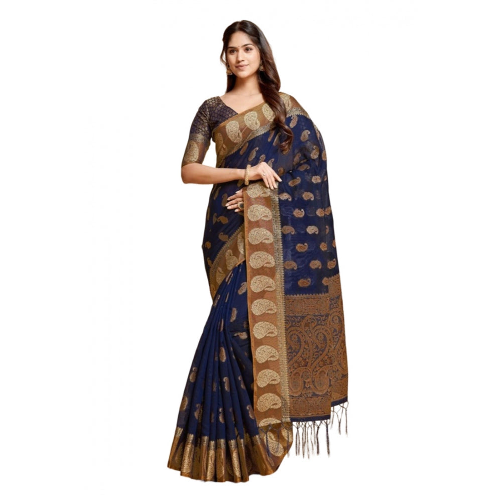 Generic Women's Chanderi Cotton Printed Saree With Unstitched Blouse (Navy Blue, 5-6 Mtrs)