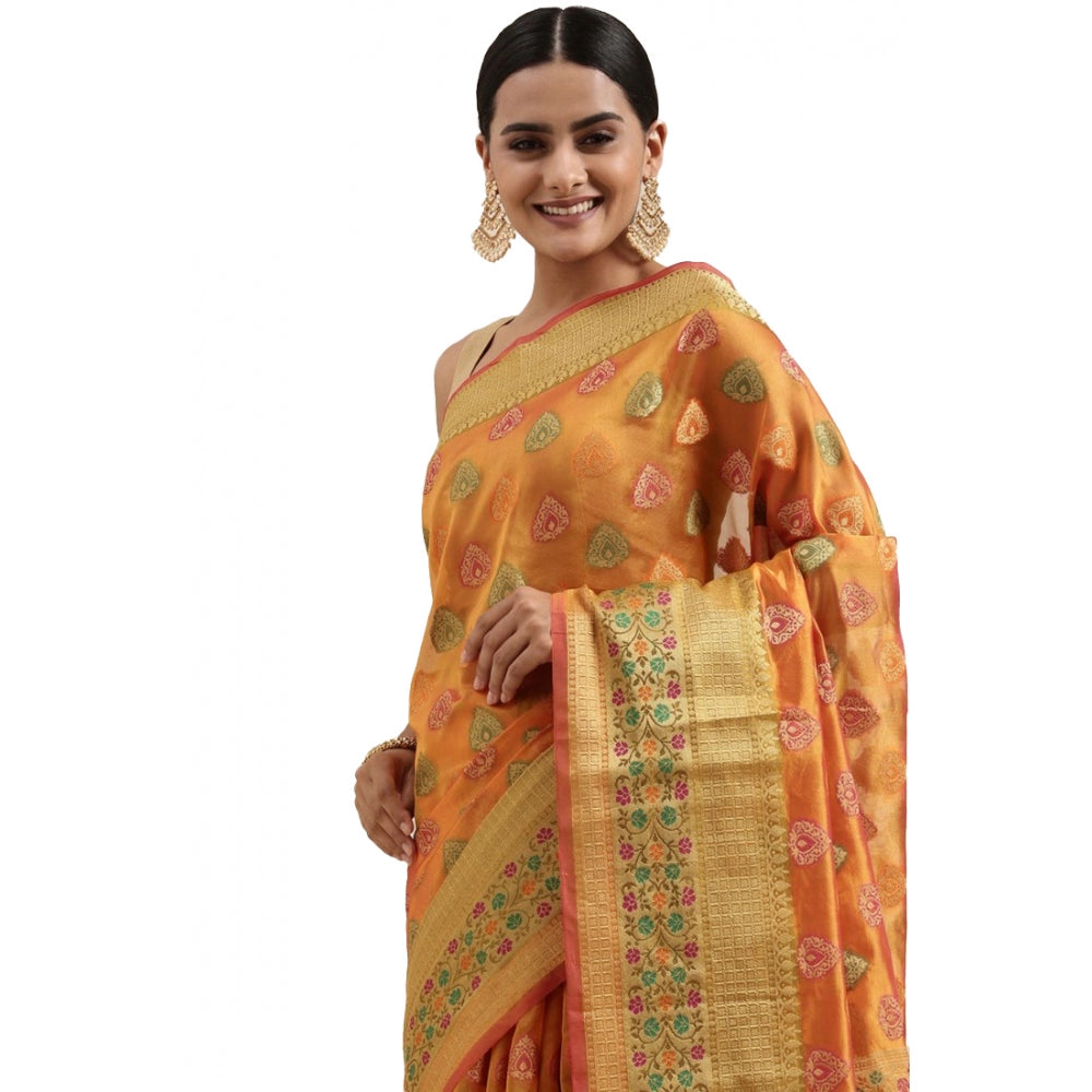 Generic Women's Organza Printed Saree With Unstitched Blouse (Mustard, 5-6 Mtrs)