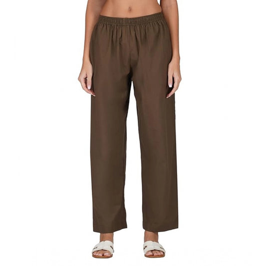 Generic Women's Casual Cotton Cambric Solid Elastic Palazzo Trousers (Brown)