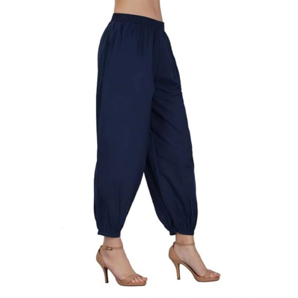 Generic Women's Casual Cotton Cambric Solid Elastic Waist Patiala Harem Pants (Navy Blue)