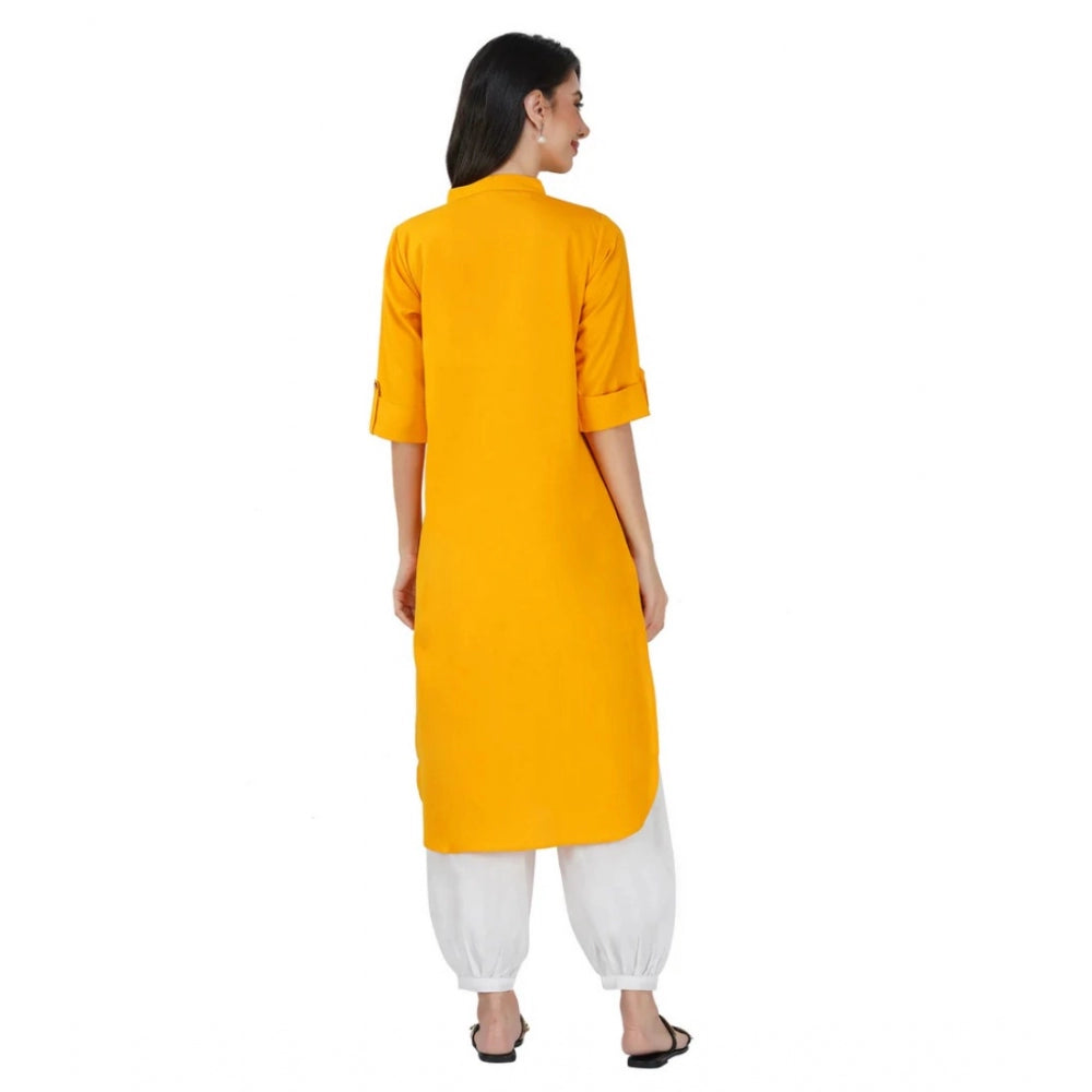 Generic Women's Casual Cotton Solid 3-4 Sleeve Kurti (Yellow)