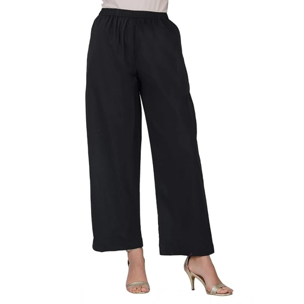 Generic Women's Casual Cotton Cambric Solid Elastic Palazzo Trousers (Black)