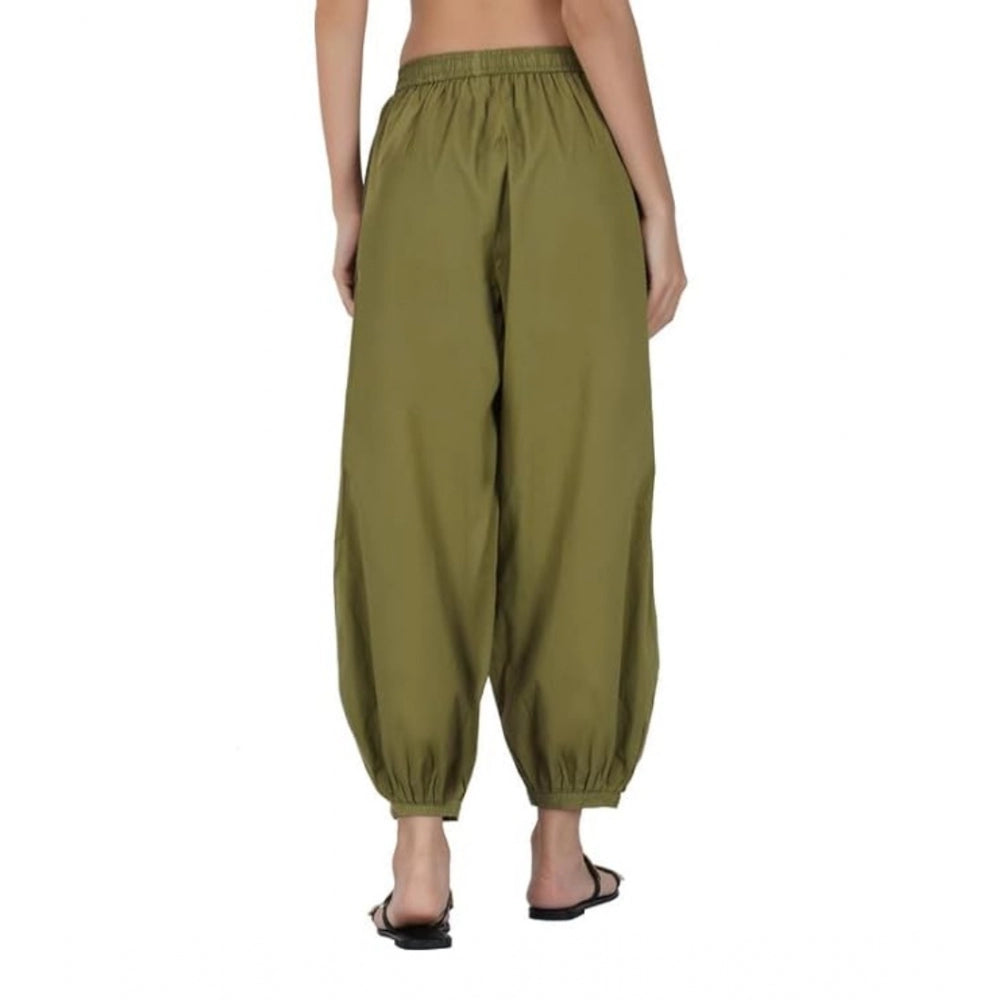 Generic Women's Casual Cotton Cambric Solid Elastic Waist Patiala Harem Pants (Green)