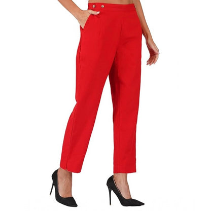 Generic Women's Casual Cotton Flax Solid Adjustable Waist Trouser Pants (Red)