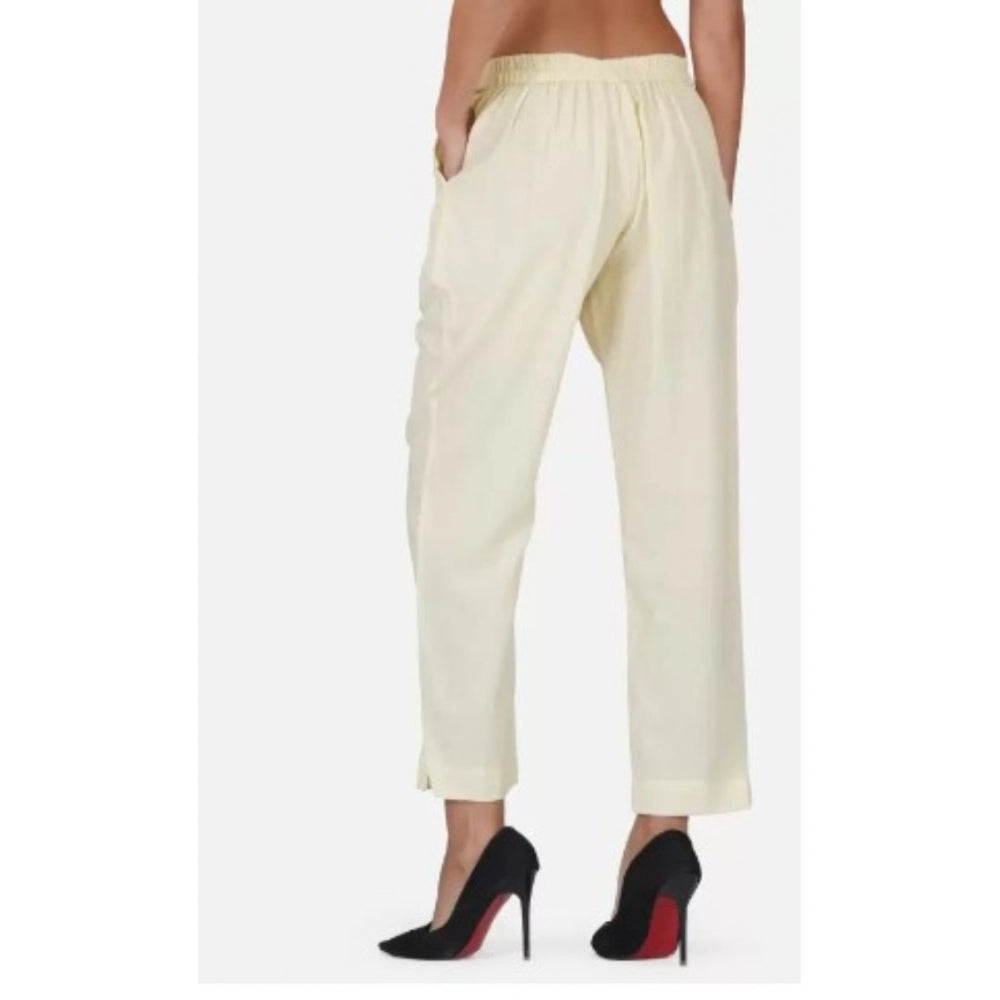 Generic Women's Casual Cotton Flax Solid Adjustable Waist Trouser Pants (Cream)