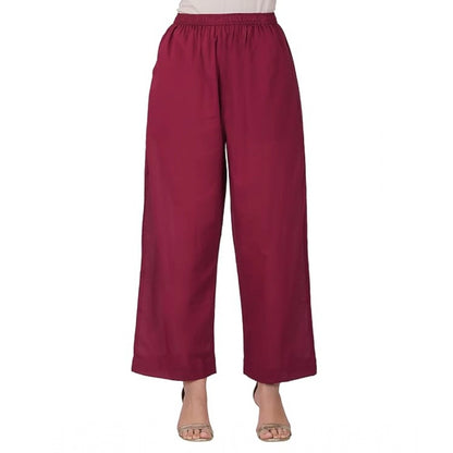 Generic Women's Casual Cotton Cambric Solid Elastic Palazzo Trousers (Maroon)